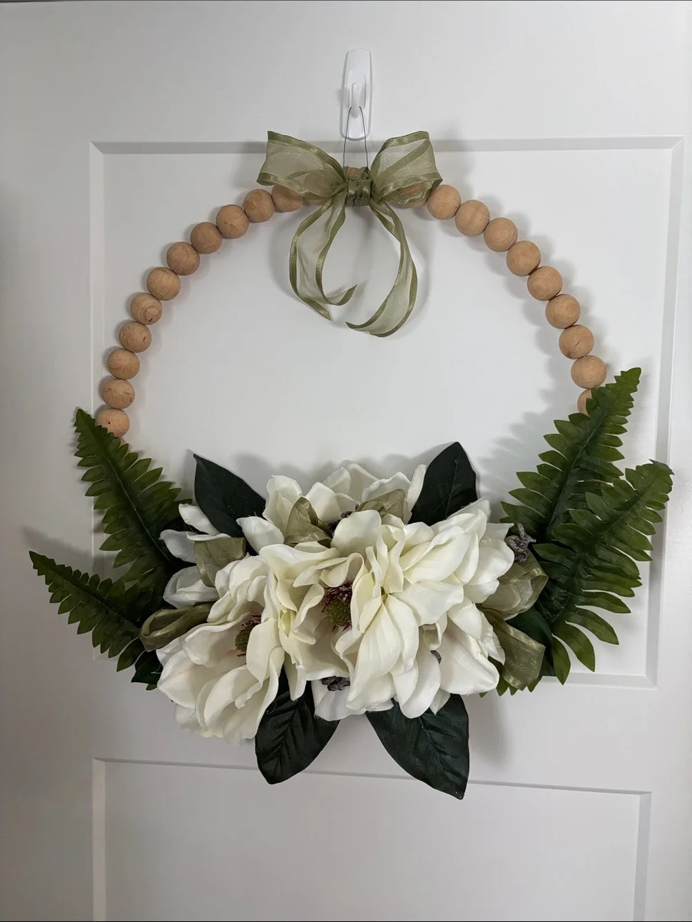 Hand Crafted White Floral Bead Hoop Wreath with Green Ribbon